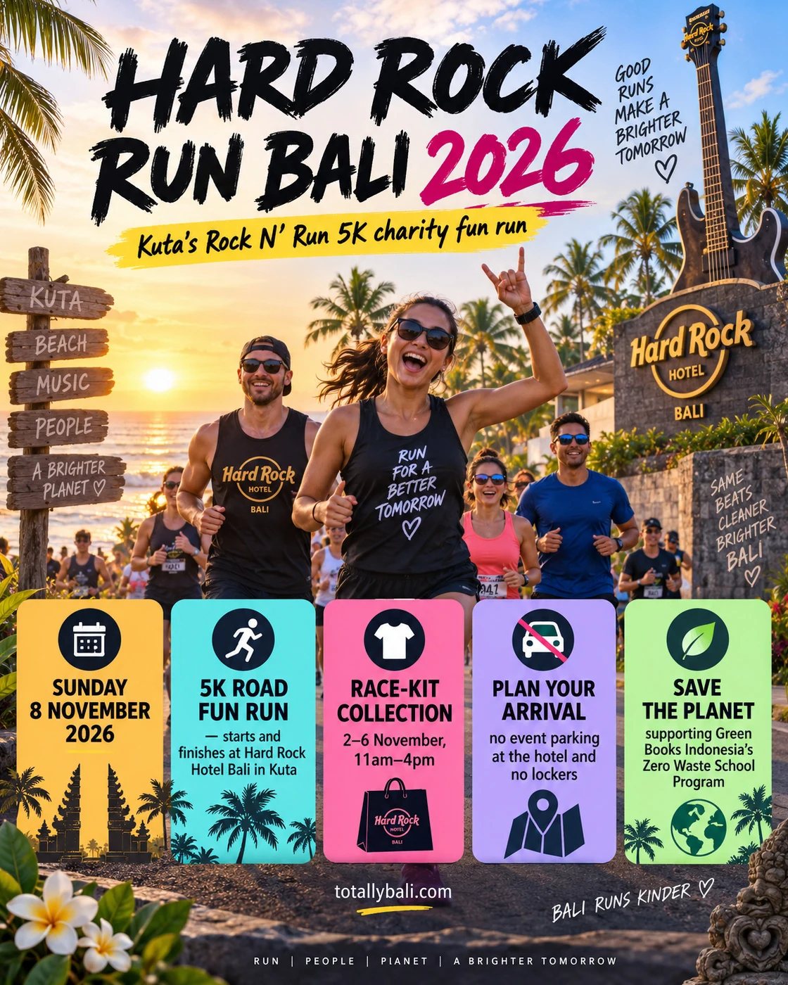 Infografis panduan acara Hard Rock Run Bali 2026 — karya seni editorial asli yang dihasilkan oleh AI.
