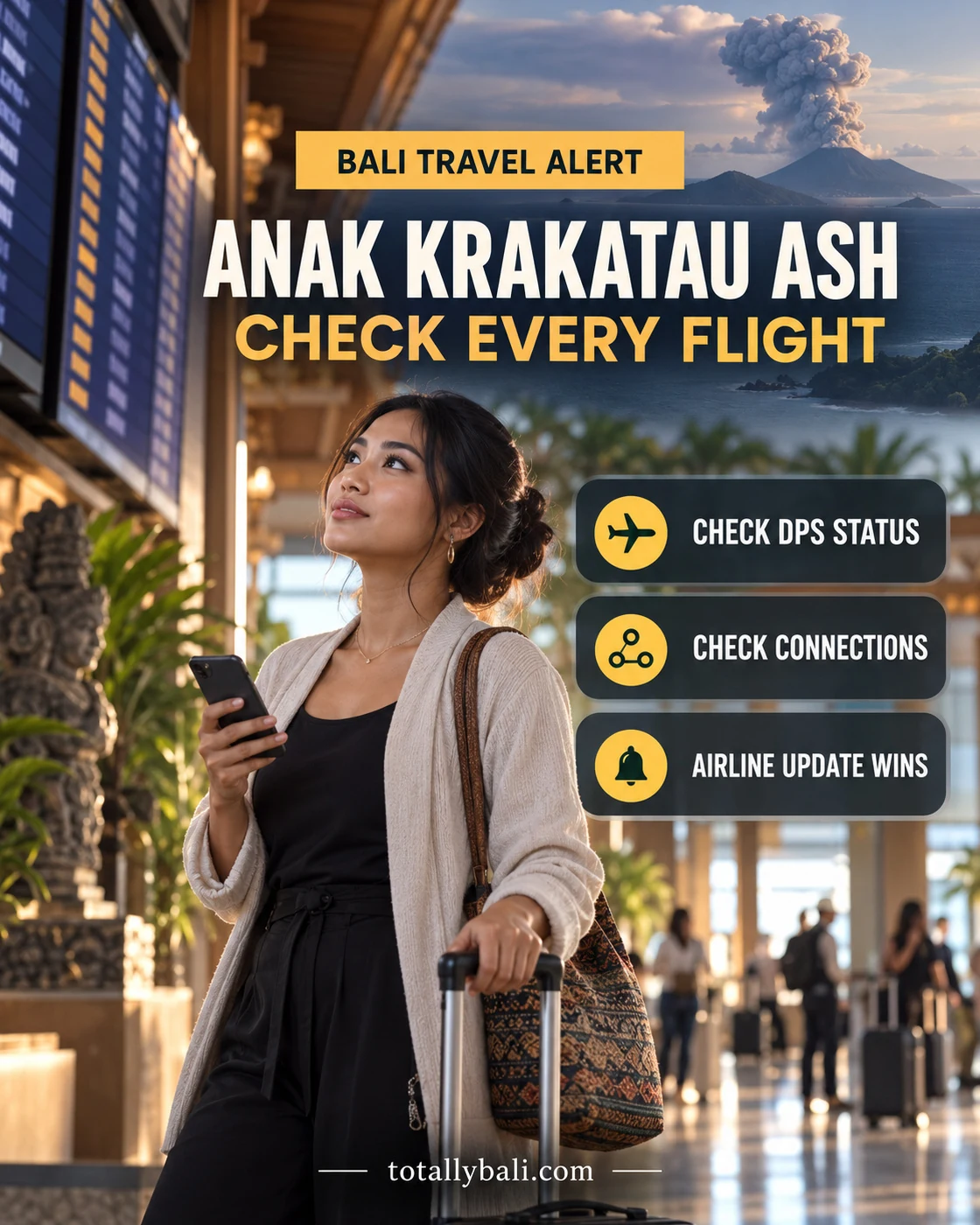 Infografis gangguan penerbangan Bali akibat abu vulkanik Anak Krakatau pada September 2026