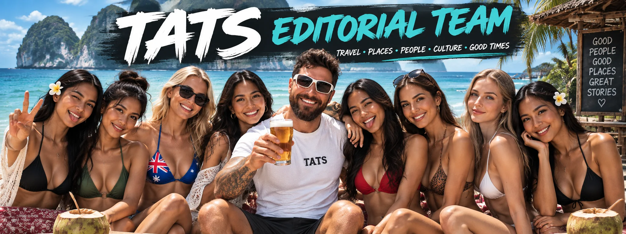 The TATS Editorial Team at a tropical beach, led by TATS Man